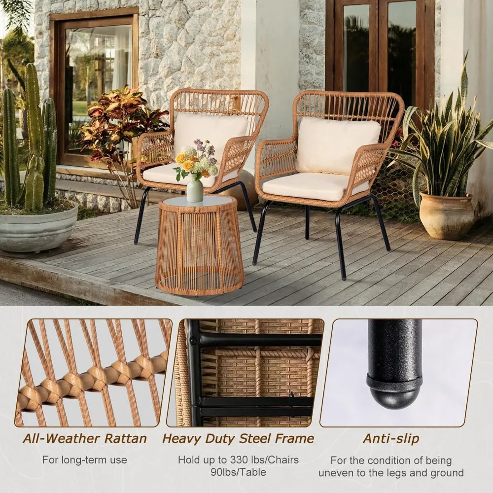 3 Piece Outdoor Wicker Bistro Set,  w/2 Large Rattan Chairs and Tempered Glass Table, Patio Furniture