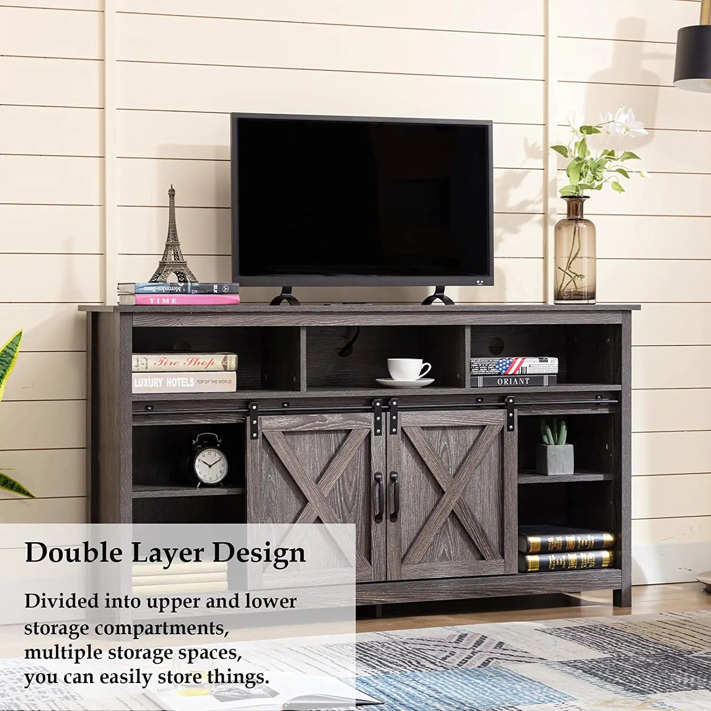 TV Stand Farmhouse Coffee Bar Cabinet Rustic Sliding Barn Door Cabinet with Power Outlet & LED Light