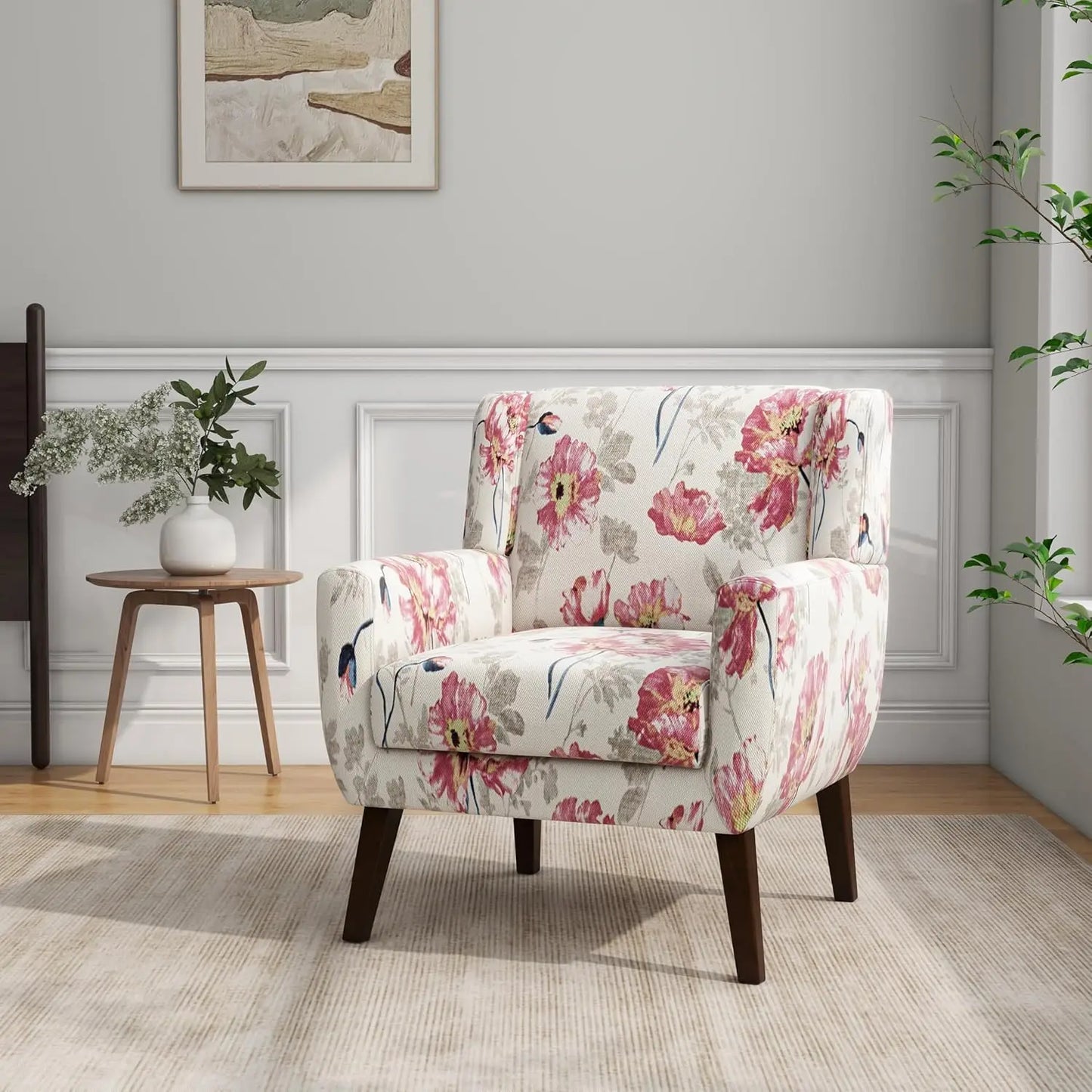 Modern Linen Accent Chair High-Resilient Sponge Comfy Reading Seat Floral Set 1,
