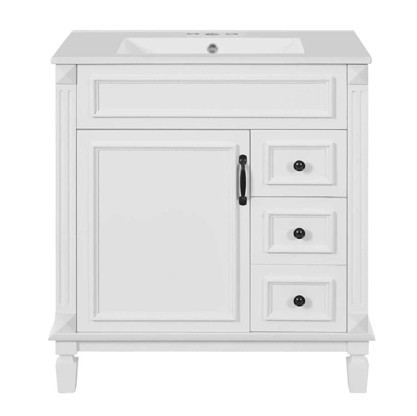 30" Bathroom Vanity with Sink Modern Storage Cabinet Single Door Two Drawers Solid Wood Frame