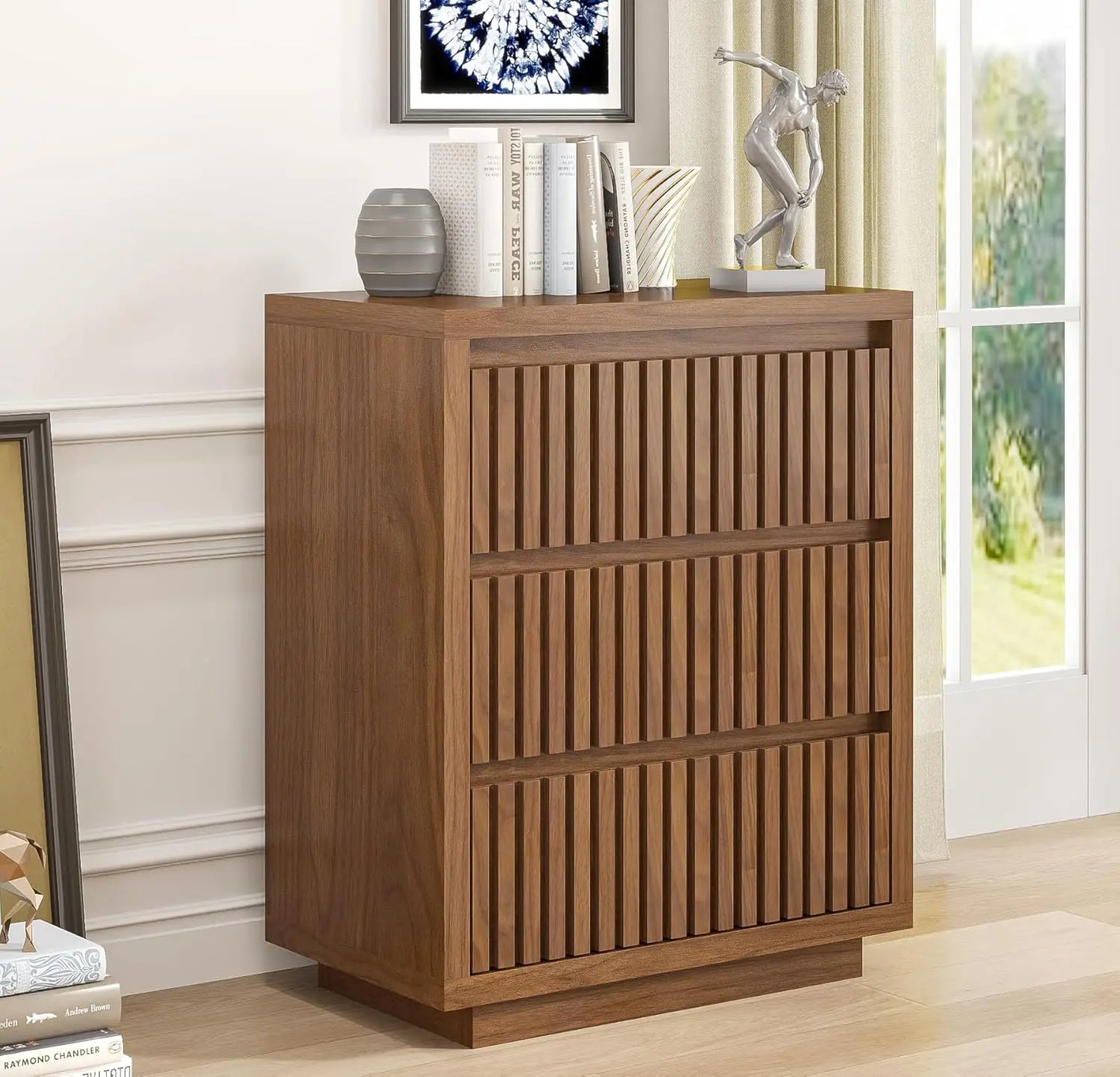 Fluted Long 9 Drawer Dresser, for Bedroom, 58" Wide Vintage Chest of Drawers