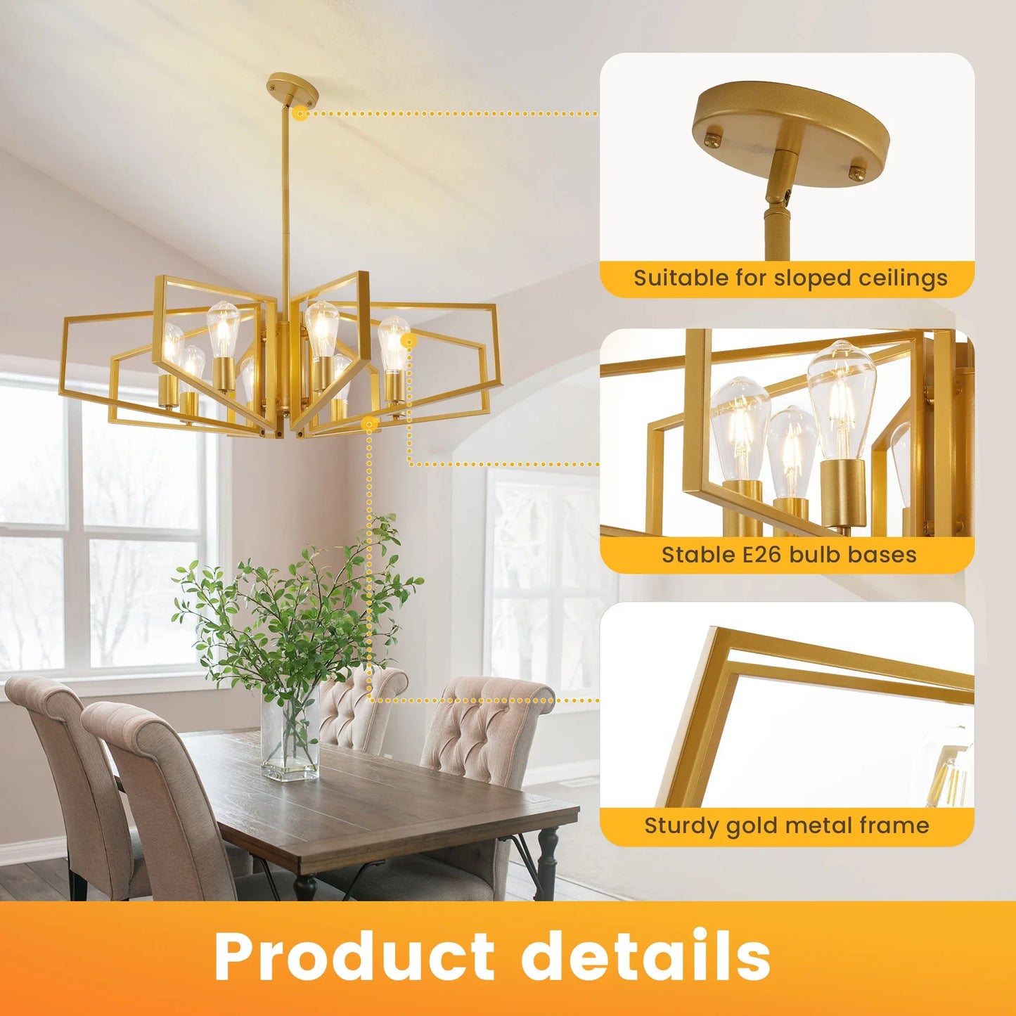 Modern 8-Light Geometric Chandelier Adjustable Height  Light with Black Frame & Golden Accents