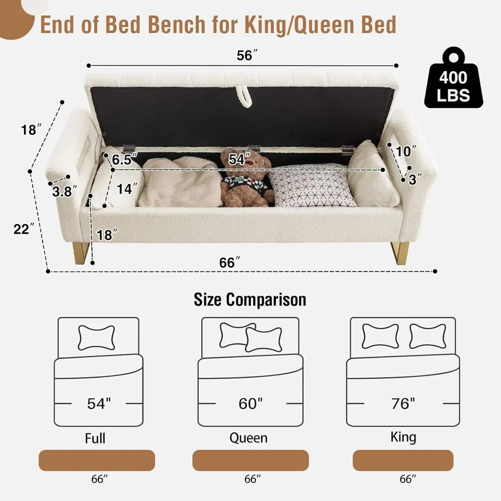66'' King Size Storage Bench with Gold Legs, Cream White Teddy Ottoman