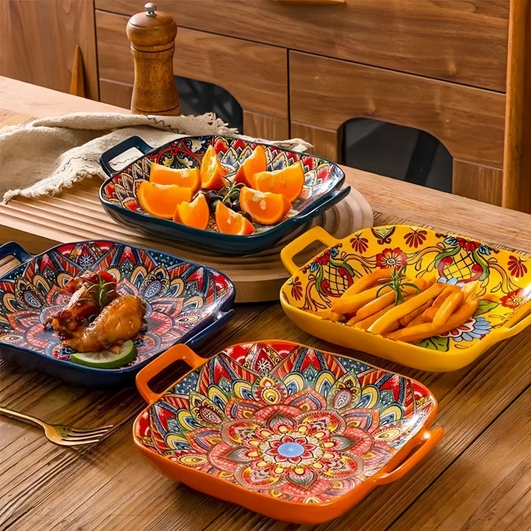 Bohemian double ear square ceramic plate