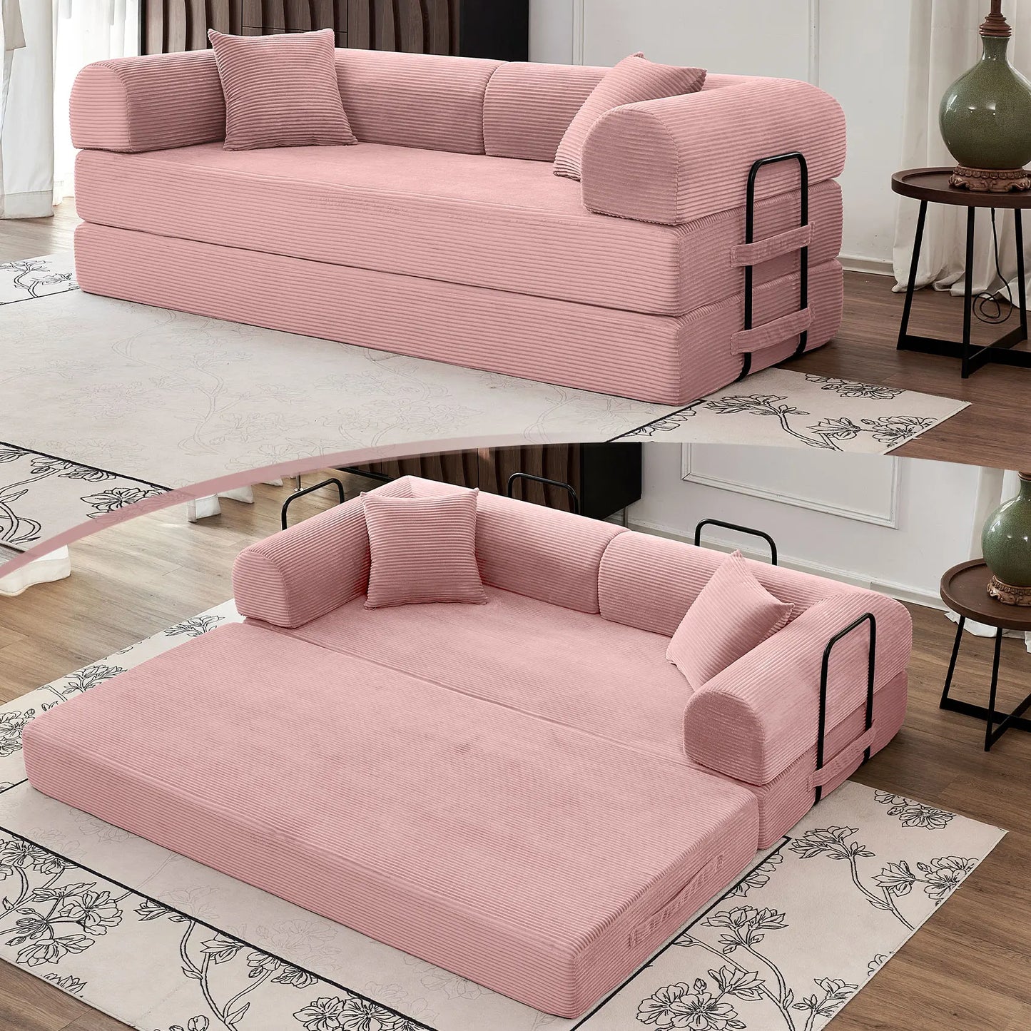 79" Convertible Sofa Bed with Fixed-Shape Frame & Removable Armrests, Modular Corduroy