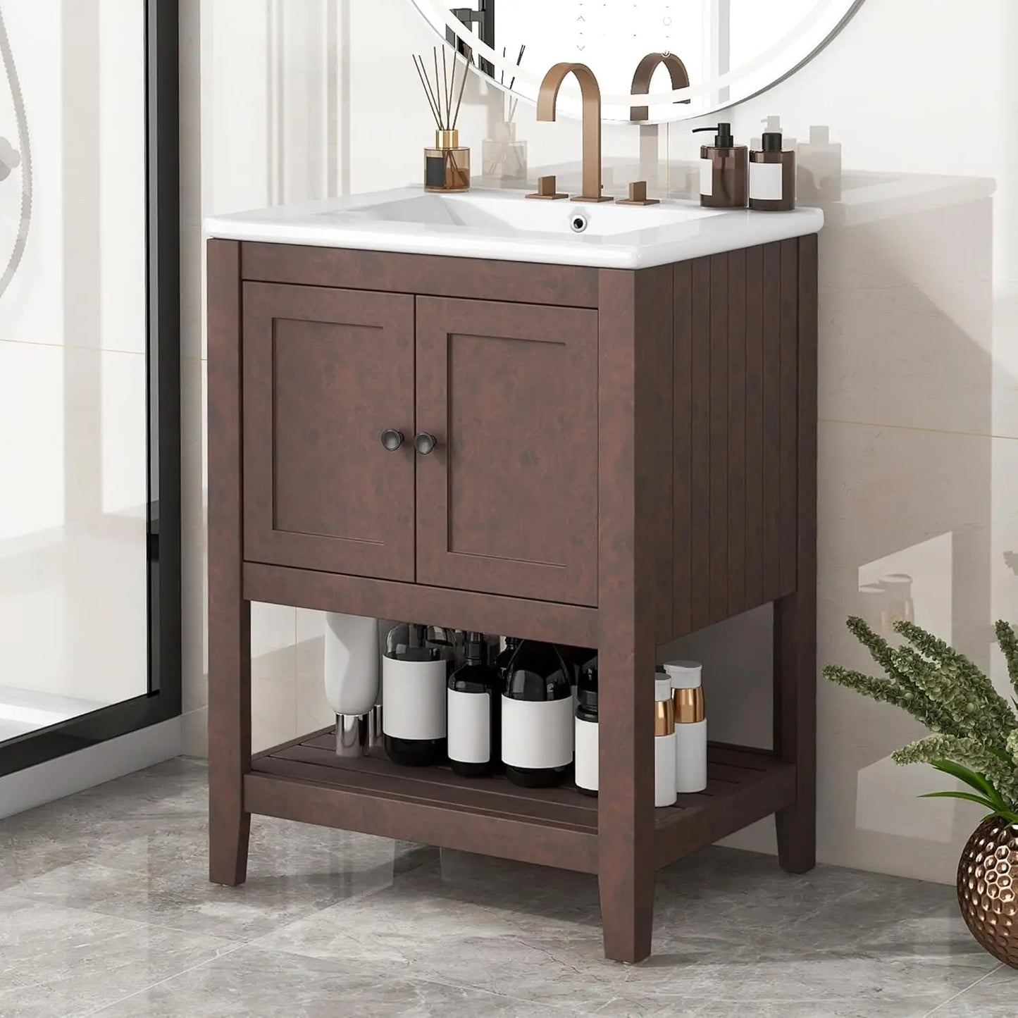 24 Inch Bathroom Vanity Sink Cabinet Solid Wood Door Open Shelf