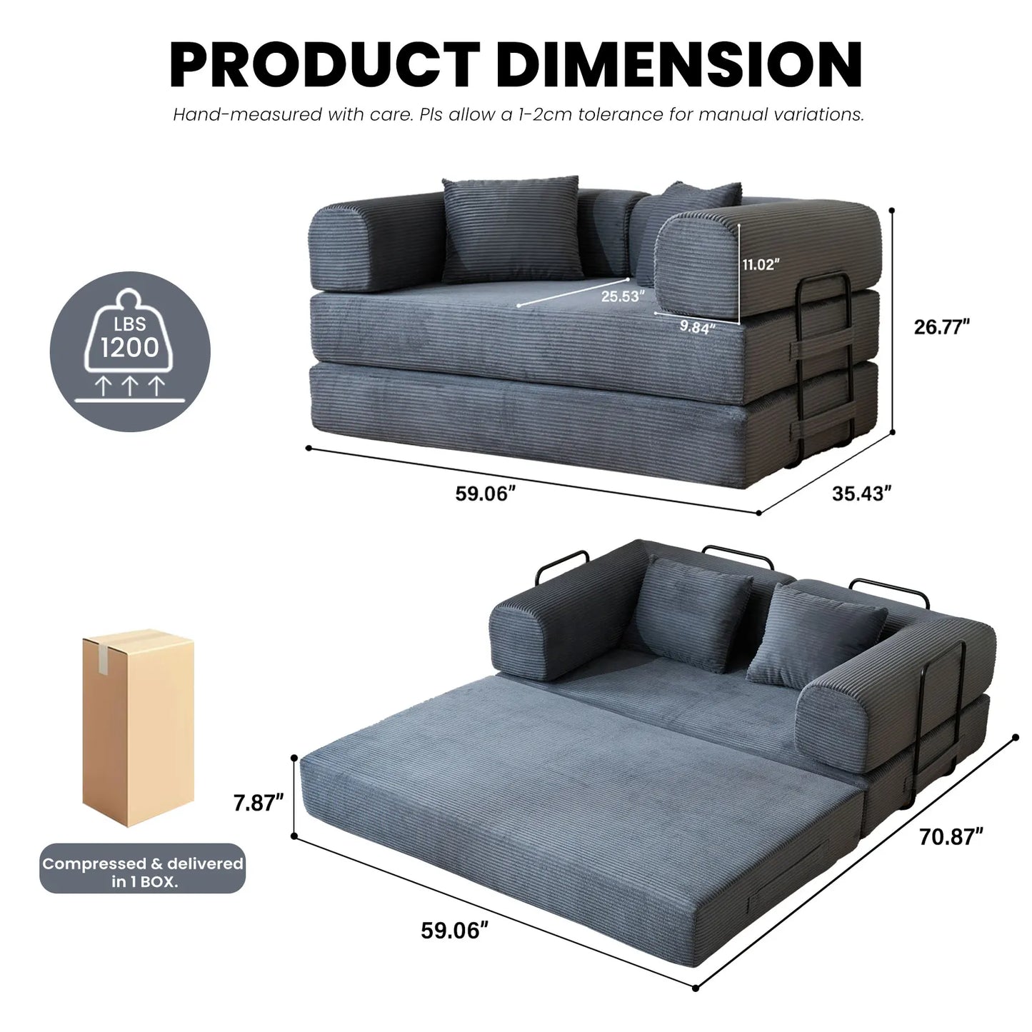79" Convertible Sofa Bed with Fixed-Shape Frame & Removable Armrests, Modular Corduroy