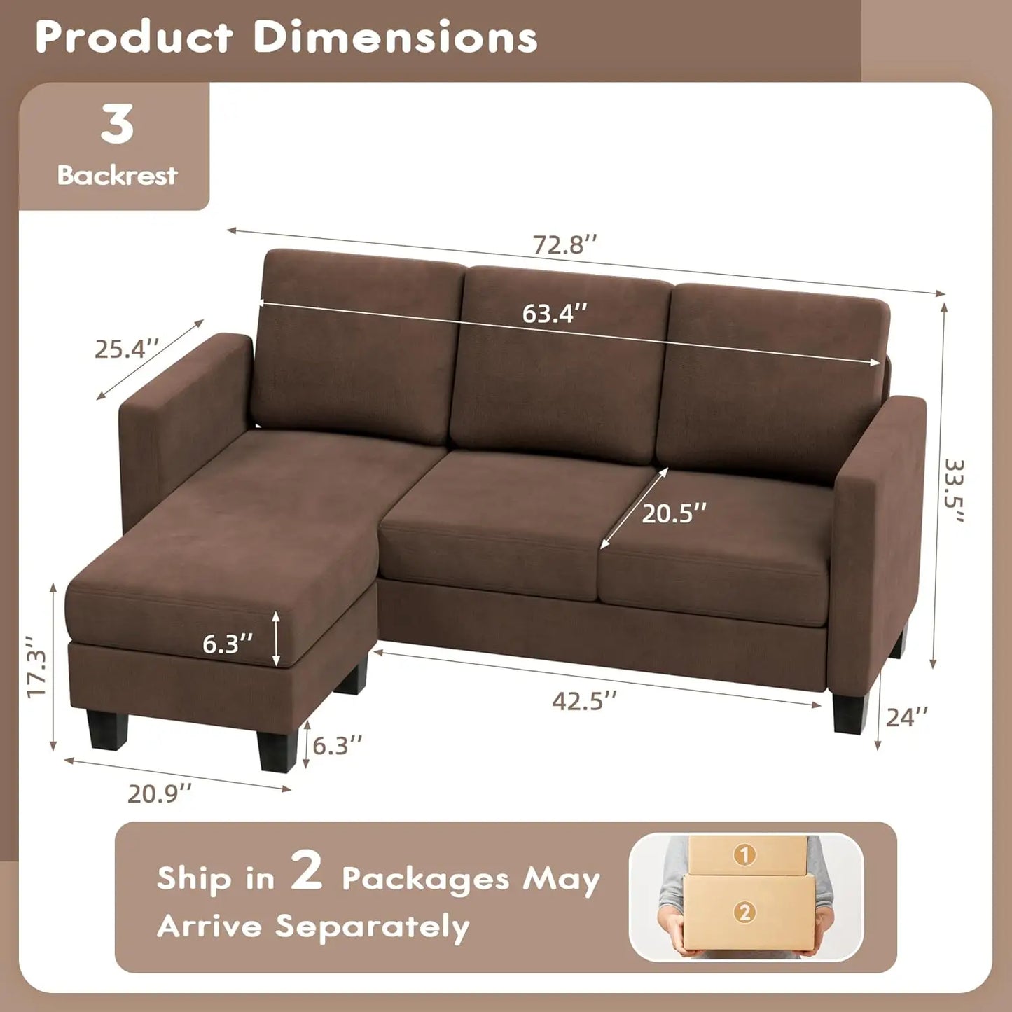 Sofa Couch, 3 Seat L-Shaped Sofa with Linen Fabric Ottoman