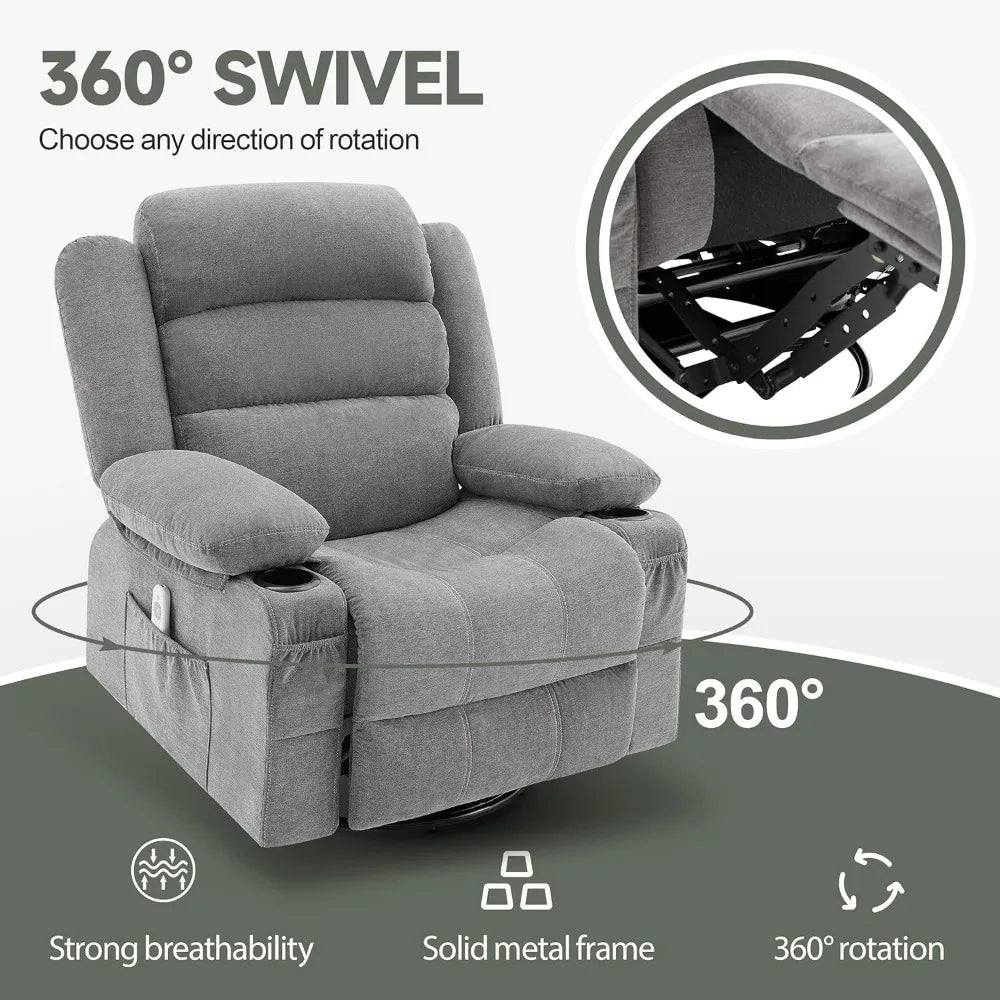 Rocker Recliner Chair with Heat and Massage,360° Swivel  with Cup Holder