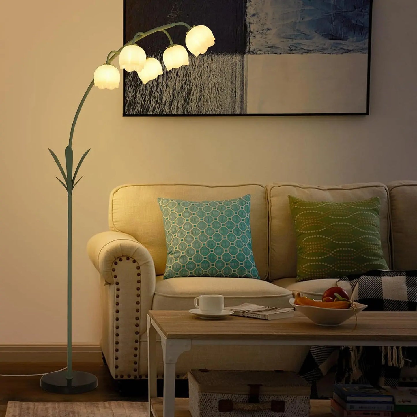 Arc Floor Lamp with 5 G9 LED Bulbs, Foot Switch, Green Floral Design