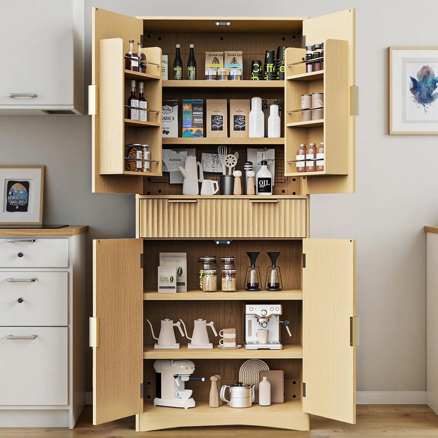 72" Tall Fluted Pantry Cabinet with Adjustable Shelves,  - Natural Oak Kitchen Storage