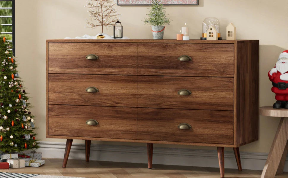 Walnut Brown Dresser  6 Drawer with Wide Drawers and Metal Knob