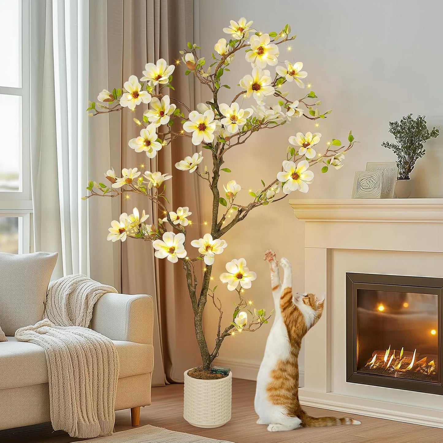 Artificial Magnolia Plant Faux Flower Trees  with LED Light for Yard Patio Home