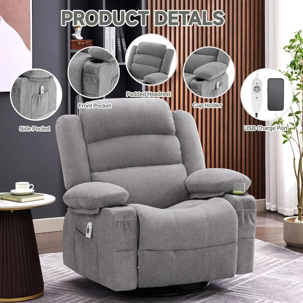 Rocker Recliner Chair with Heat and Massage,360° Swivel  with Cup Holder