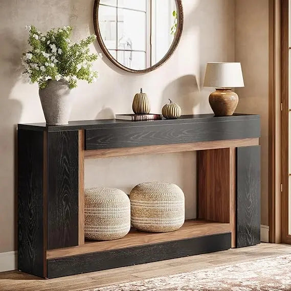 63-Inch Long Console Table for Entryway, 2-Tier Narrow Wooden Rectangular Sofa Table Behind Couch for Hallway