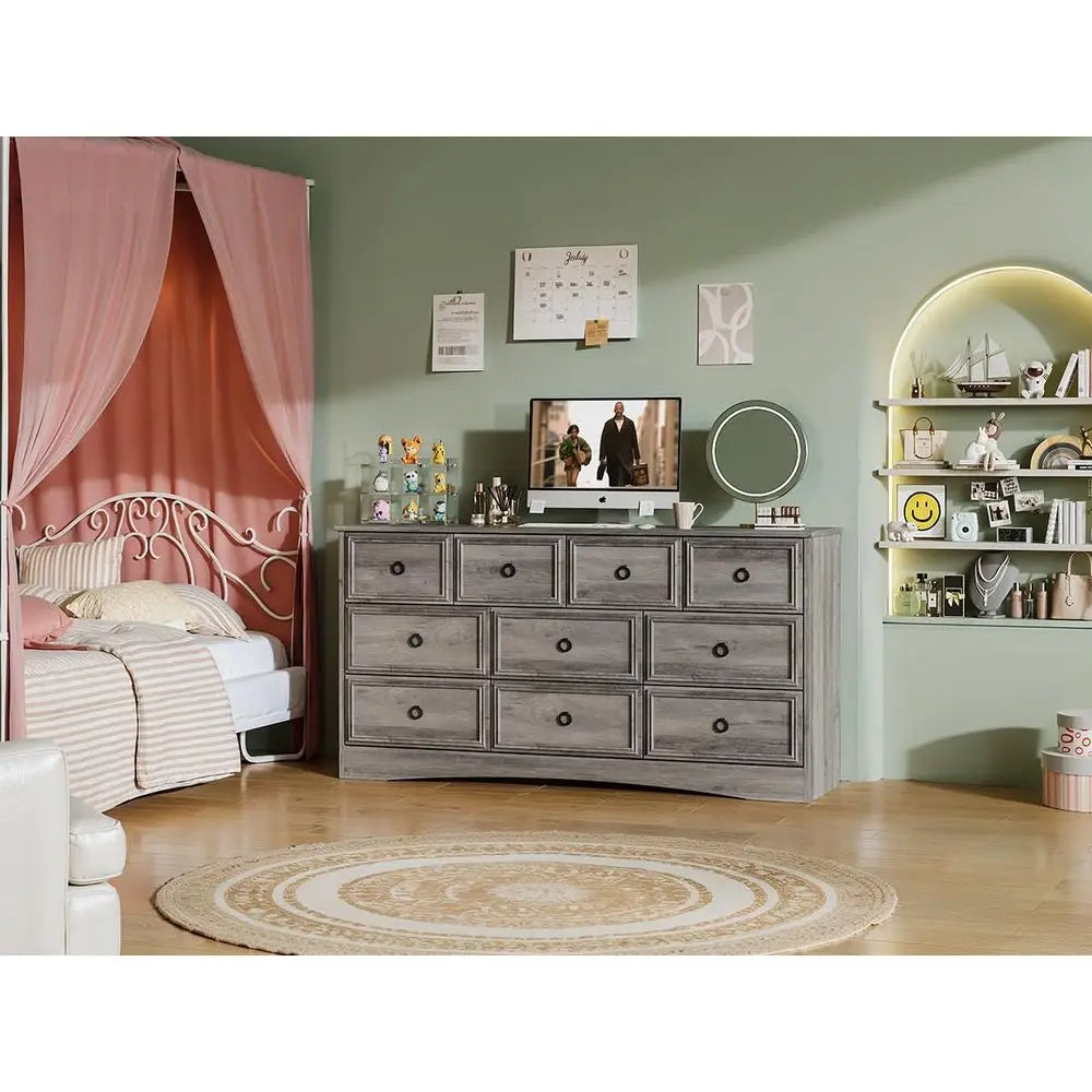 10-Drawer Bedroom Dresser with Textured Frame, 6 Deep, Gray, for Living Room or Bedroom Storage