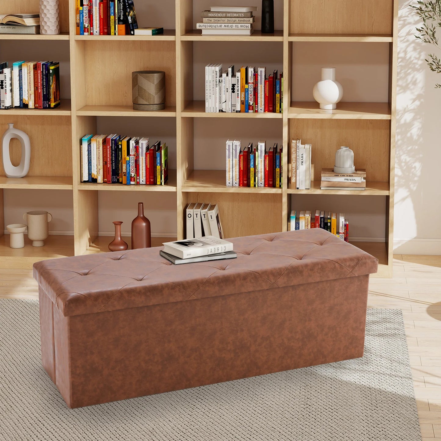 JHK 43 Inches Leather Folding Ottoman Storage Footstool For Living Room