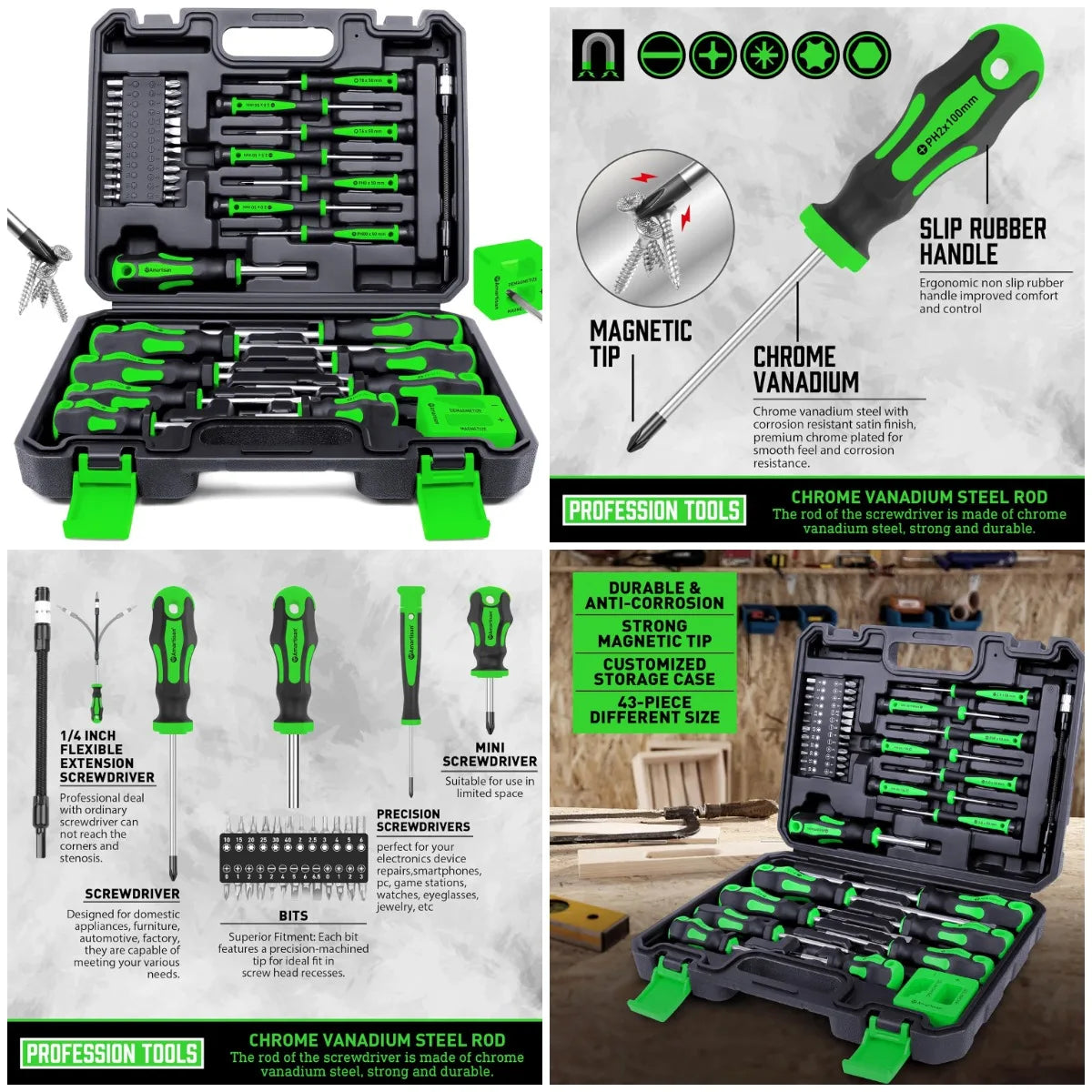 Magnetic Screwdriver Set, 43-Piece with Case, Includes Slotted, Phillips, Hex, Pozidriv, Torx - Green