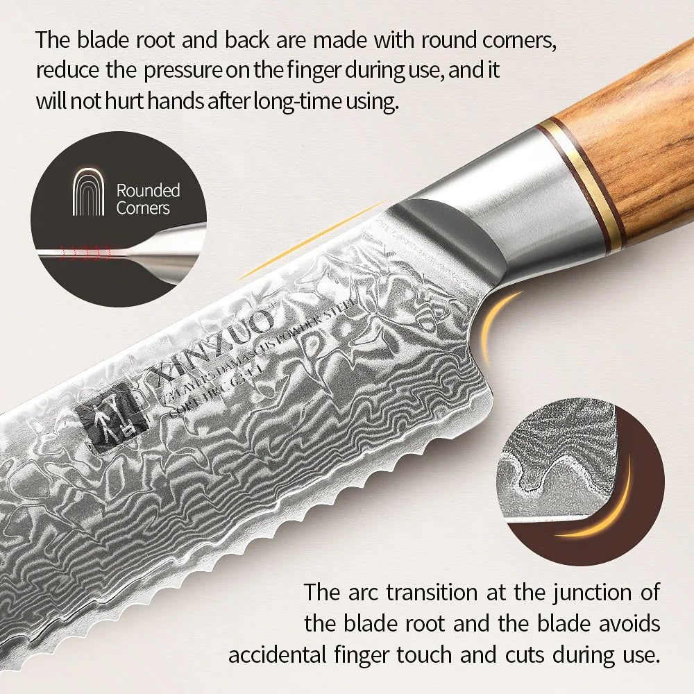 XINZUO 1-8pcs Kitchen Knife Set 73 Layers Custom Damascus Steel  with Olive Wood Handle