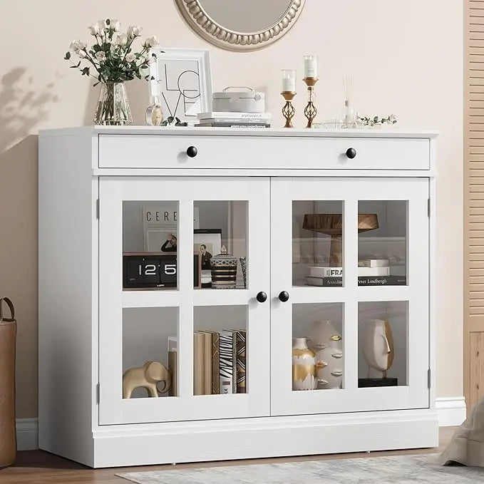 35.4" Oak Sideboard Buffet Cabinet with Glass Door & Drawer  Storage Buffets & Sideboards for Kitchen