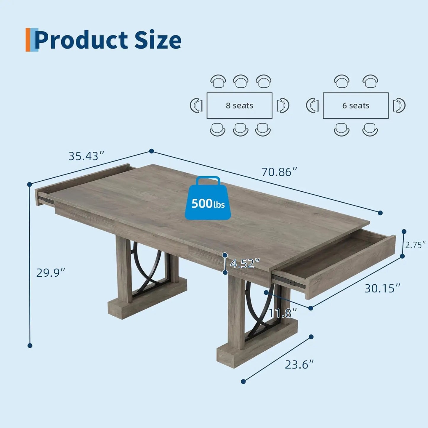 71-Inch Wooden Kitchen Table with Two Drawers Rectangular Large Dining Table
