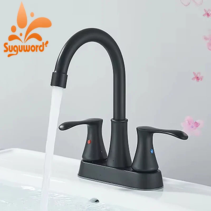 Black Bathroom Sink Faucet 3 Hole 4 Inch Center Set Vanity Faucet  Hot and Cold Water