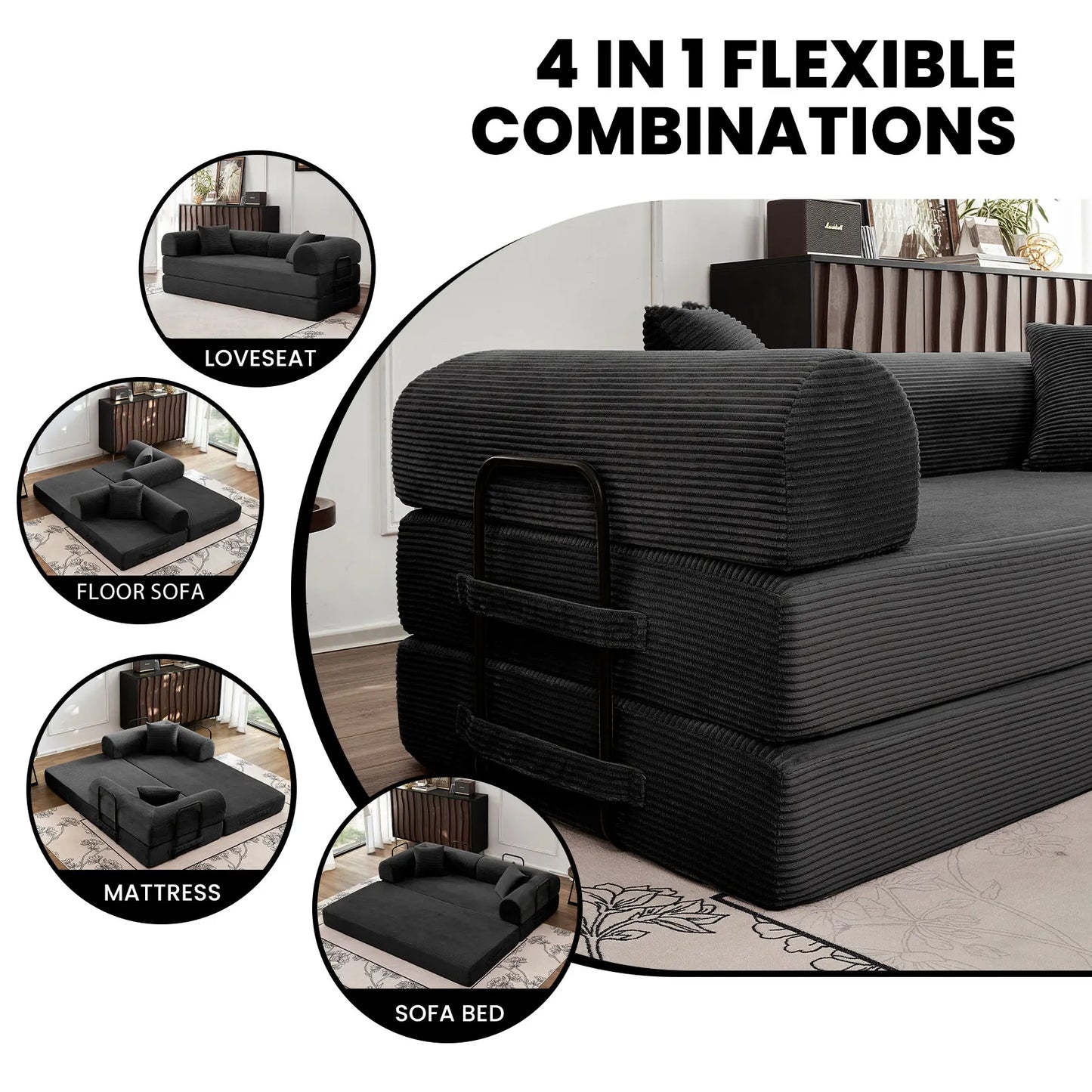 79" Convertible Sofa Bed with Fixed-Shape Frame & Removable Armrests, Modular Corduroy