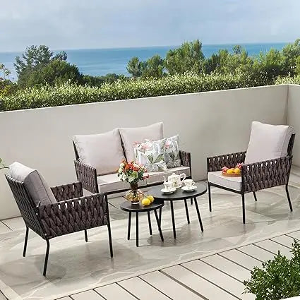 4-Piece Patio Furniture Set, Wider Outdoor Metal Seating Sofa with High Back & Loveseat, Coffee Table
