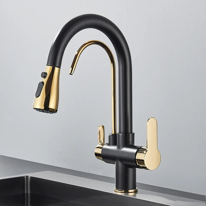 Quyanre Matte Black Filtered Crane For Kitchen Pull Out Spray 360 Rotation Water Sink Mixer Kitchen Faucet