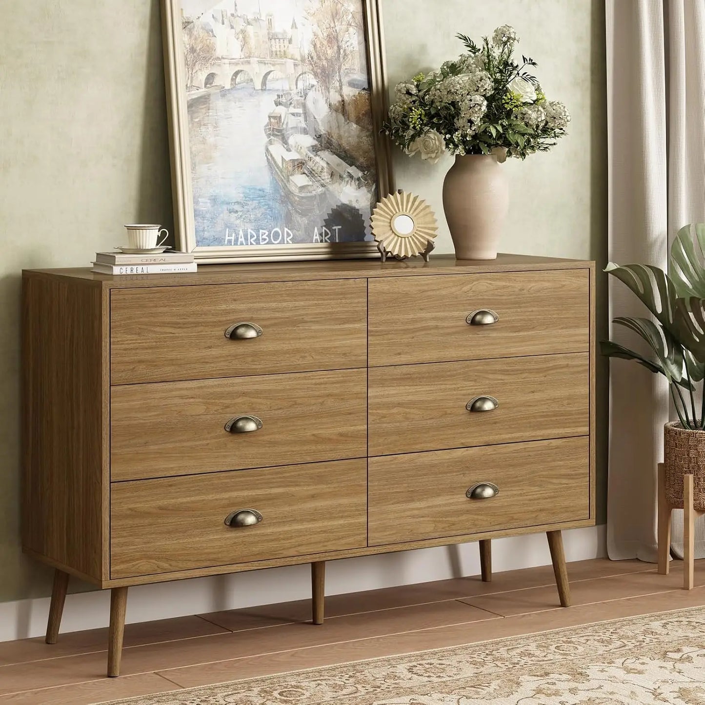 Walnut Brown Dresser  6 Drawer with Wide Drawers and Metal Knob