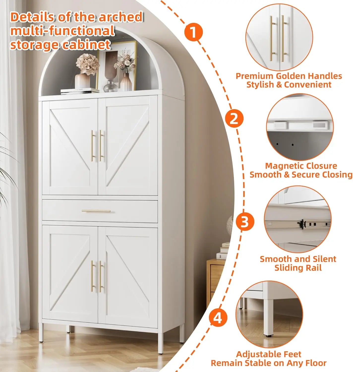 73" White Arched Pantry Cabinet with Drawer, Adjustable Shelves for Kitchen Living Room Storage