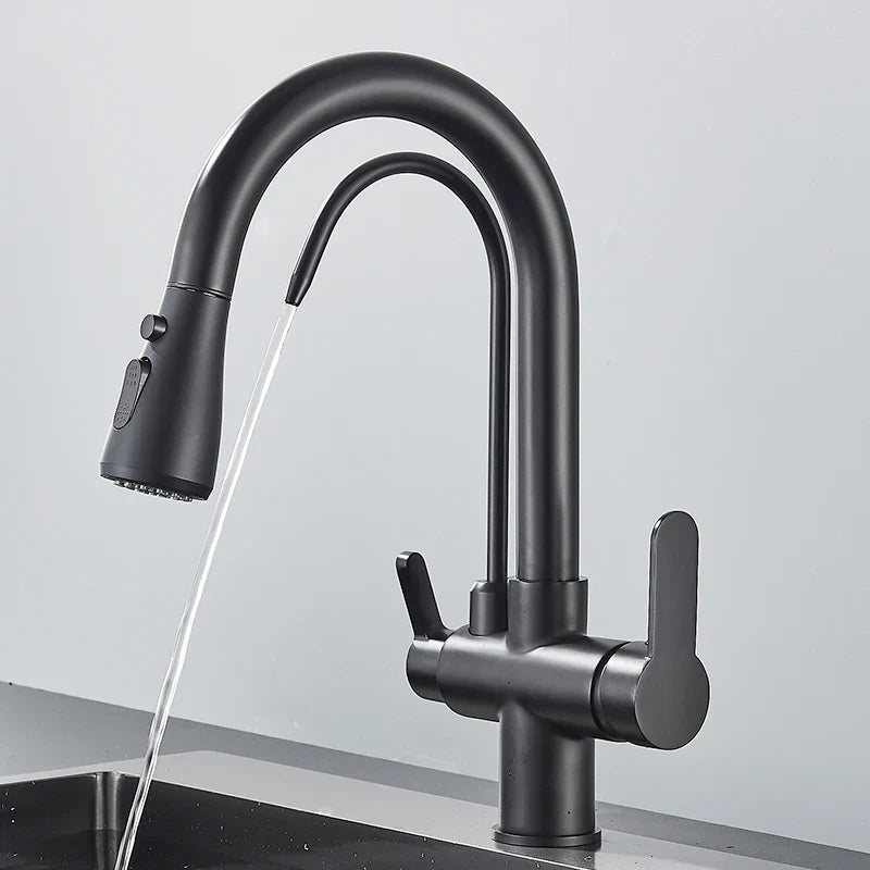Quyanre Matte Black Filtered Crane For Kitchen Pull Out Spray 360 Rotation Water Sink Mixer Kitchen Faucet