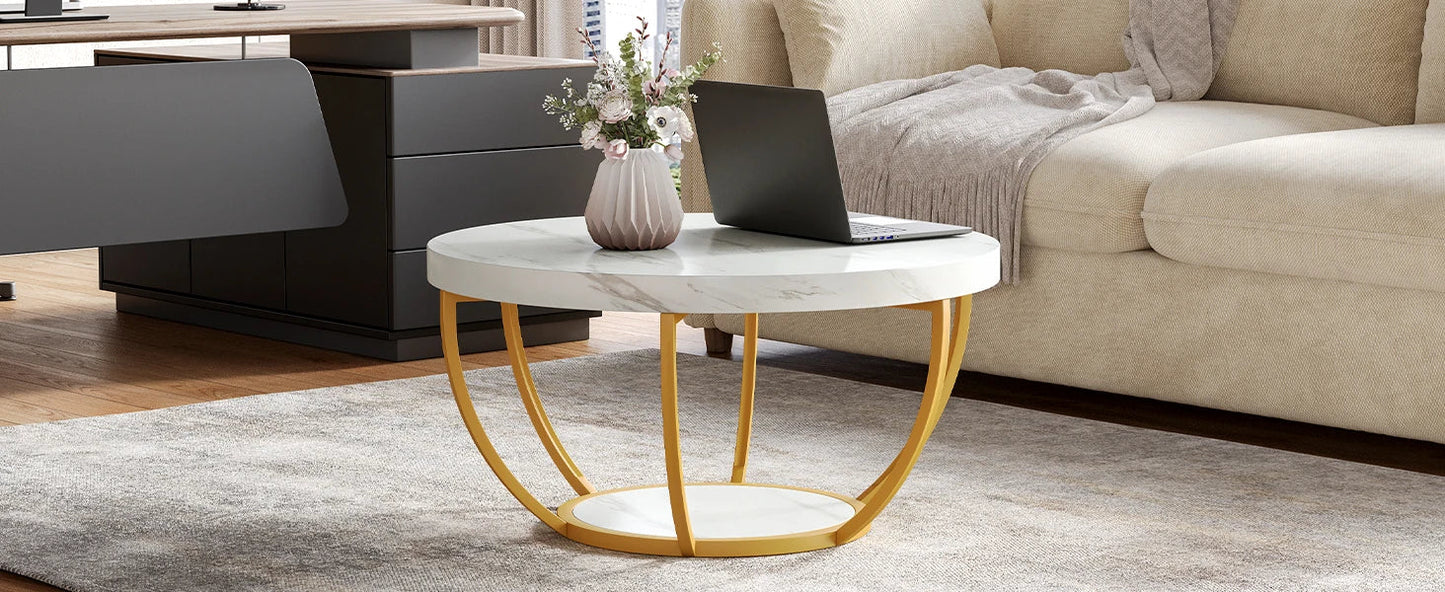 32" Circle Marble Coffee Tables, 2-Tier Golden Metal Legs