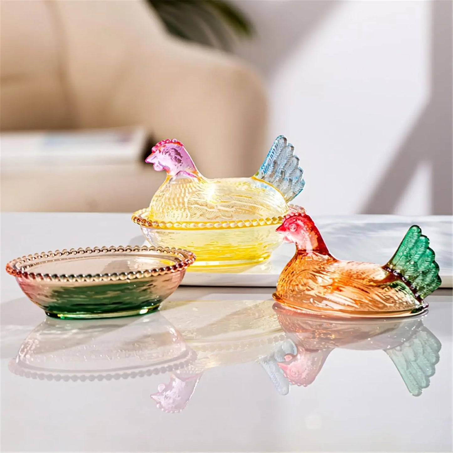 Glass Hen on Nest Candy Dish with Lid, Pastoral  Candy Bowl  with Lid,Muti-Color