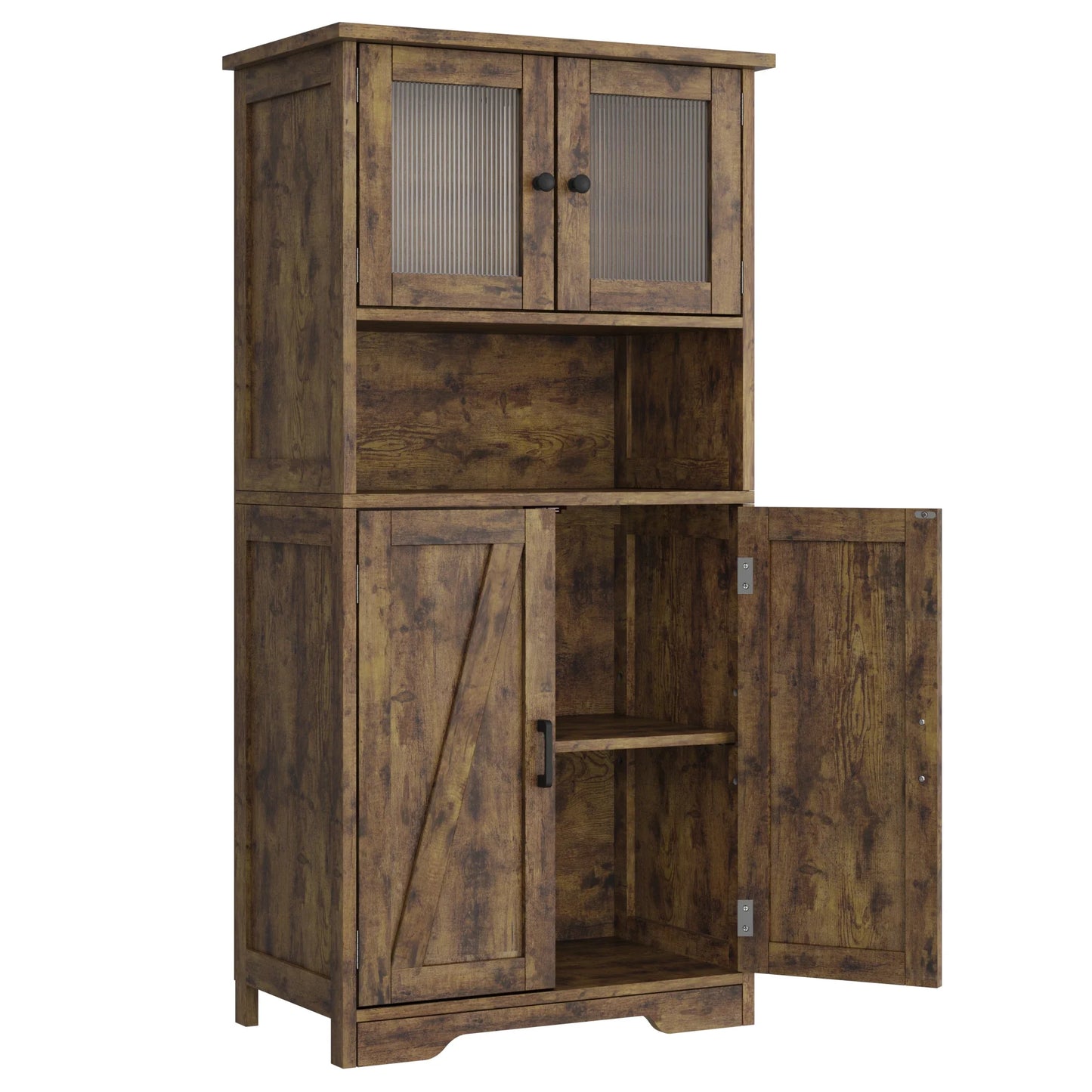 Free Standing Kitchen Pantry Cupboard with 4 Doors with Tempered Glass Doors