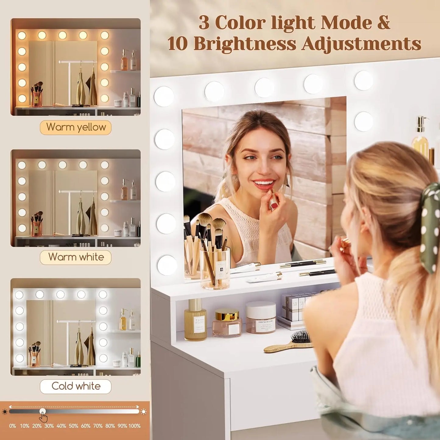 White Makeup Vanity Desk with Mirror, Lights, Drawers & Cabinet