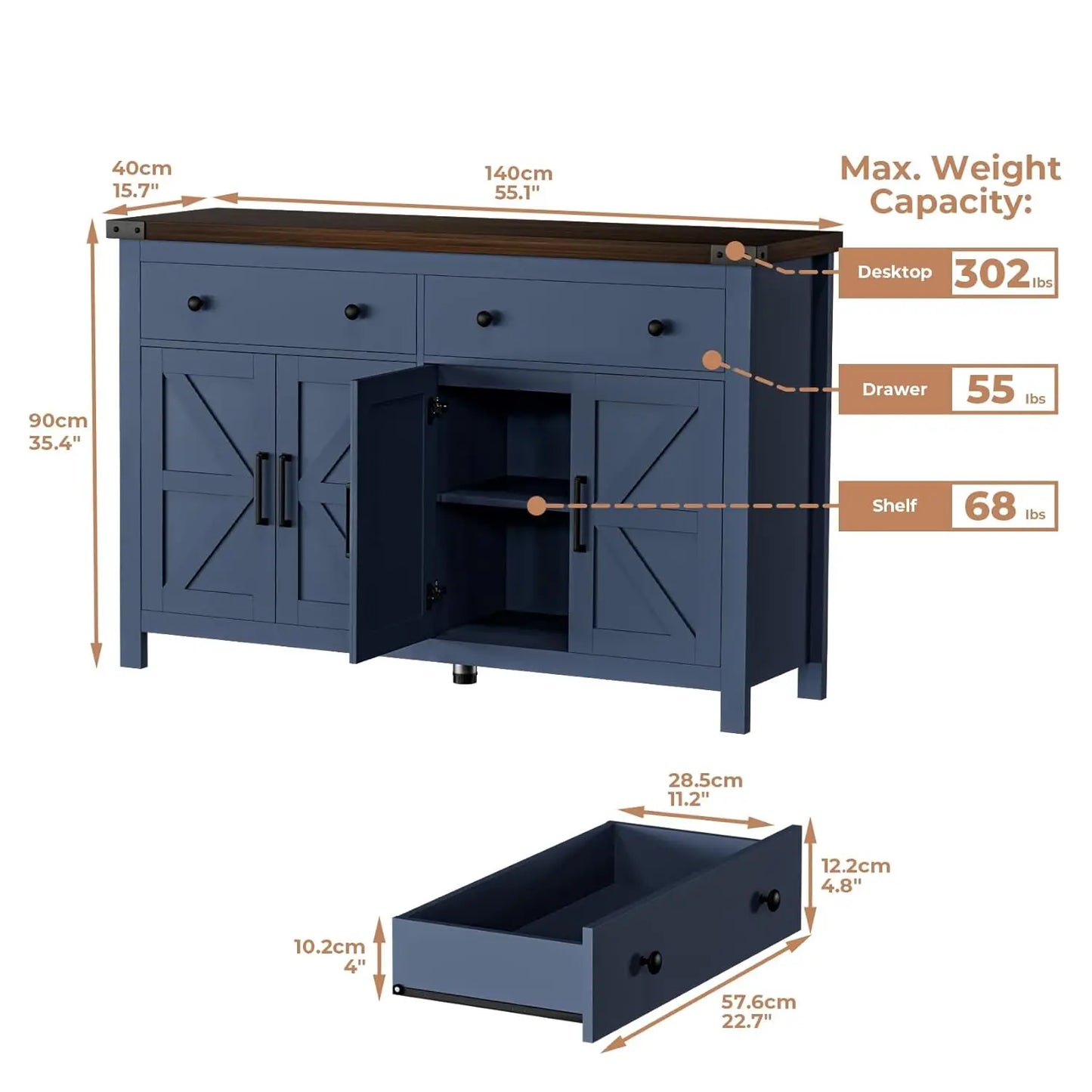 Buffet Cabinet with Storage Farmhouse with 4 Doors and 2 Drawers, 55'' Large Kitchen Storage  Blue Wood
