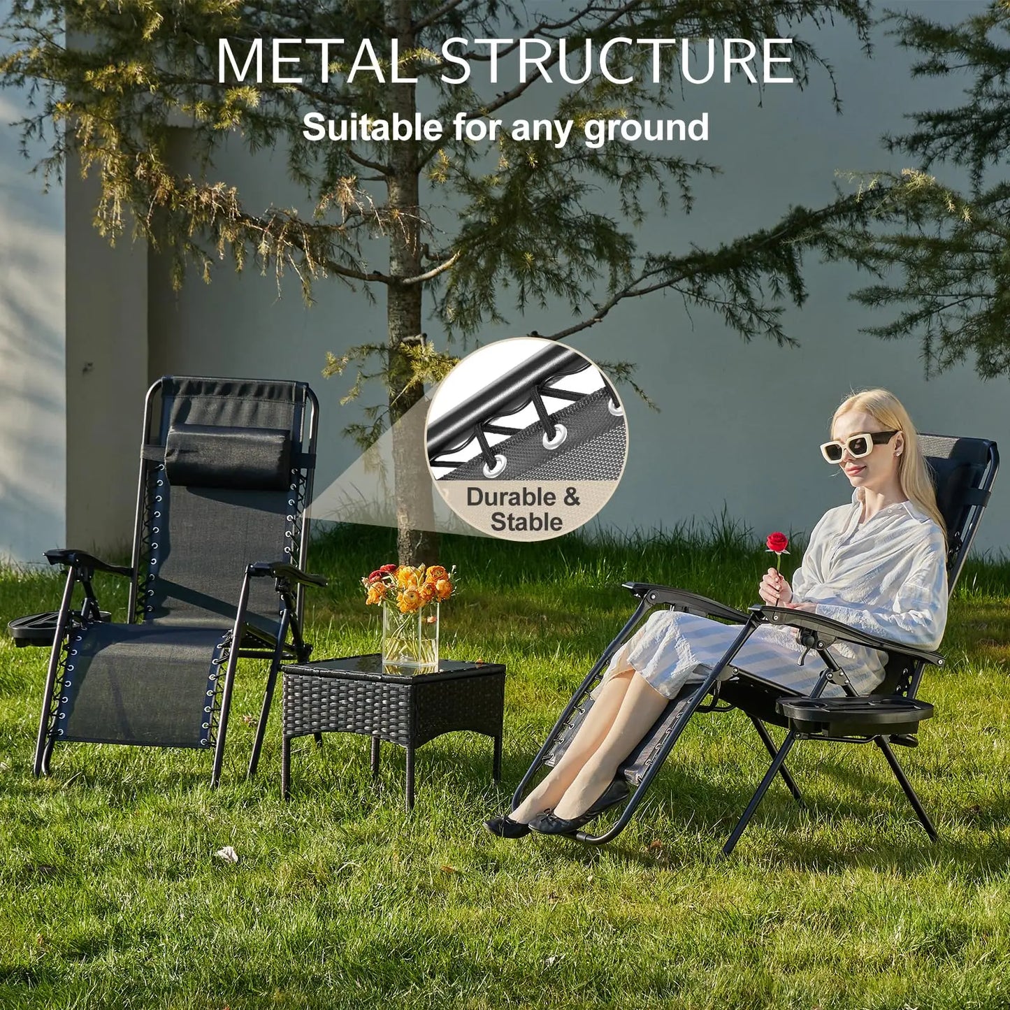 JHK Zero Gravity Set of 2 Portable Recliner  Outdoor Garden Lounge Chair with Cup Holder