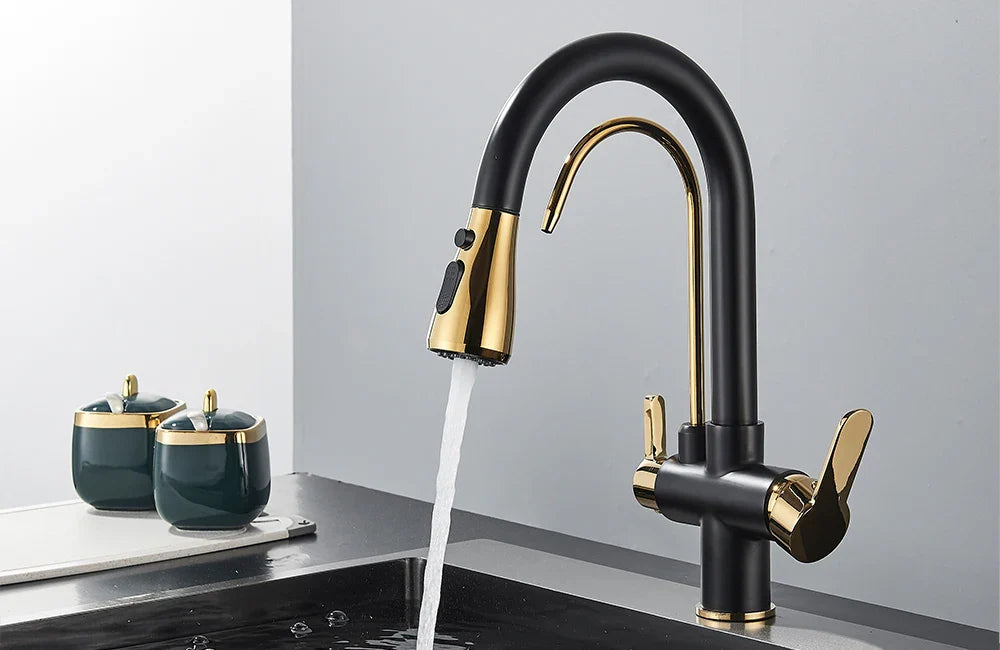 Quyanre Matte Black Filtered Crane For Kitchen Pull Out Spray 360 Rotation Water Sink Mixer Kitchen Faucet