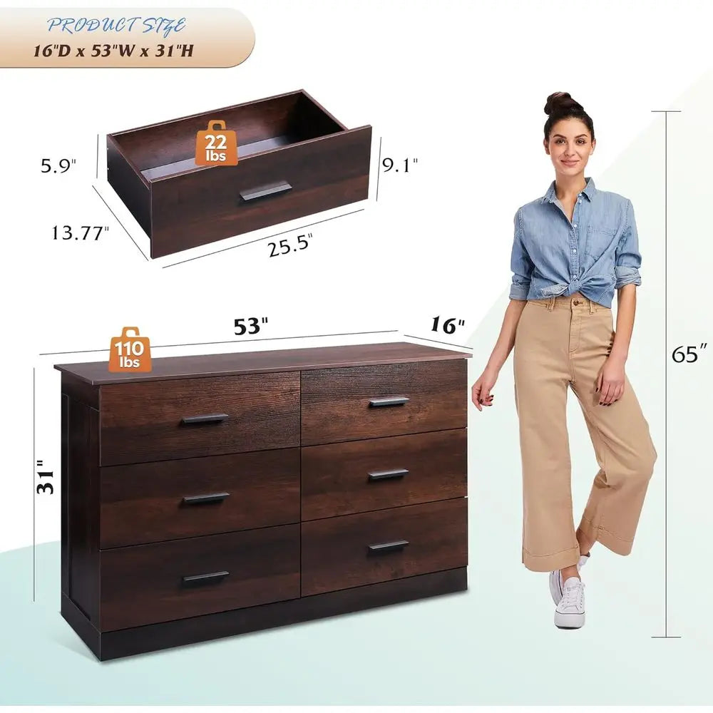 Elegant Wooden Dresser for Bedroom, with 6 Drawers, Large Brown Storage Unit,