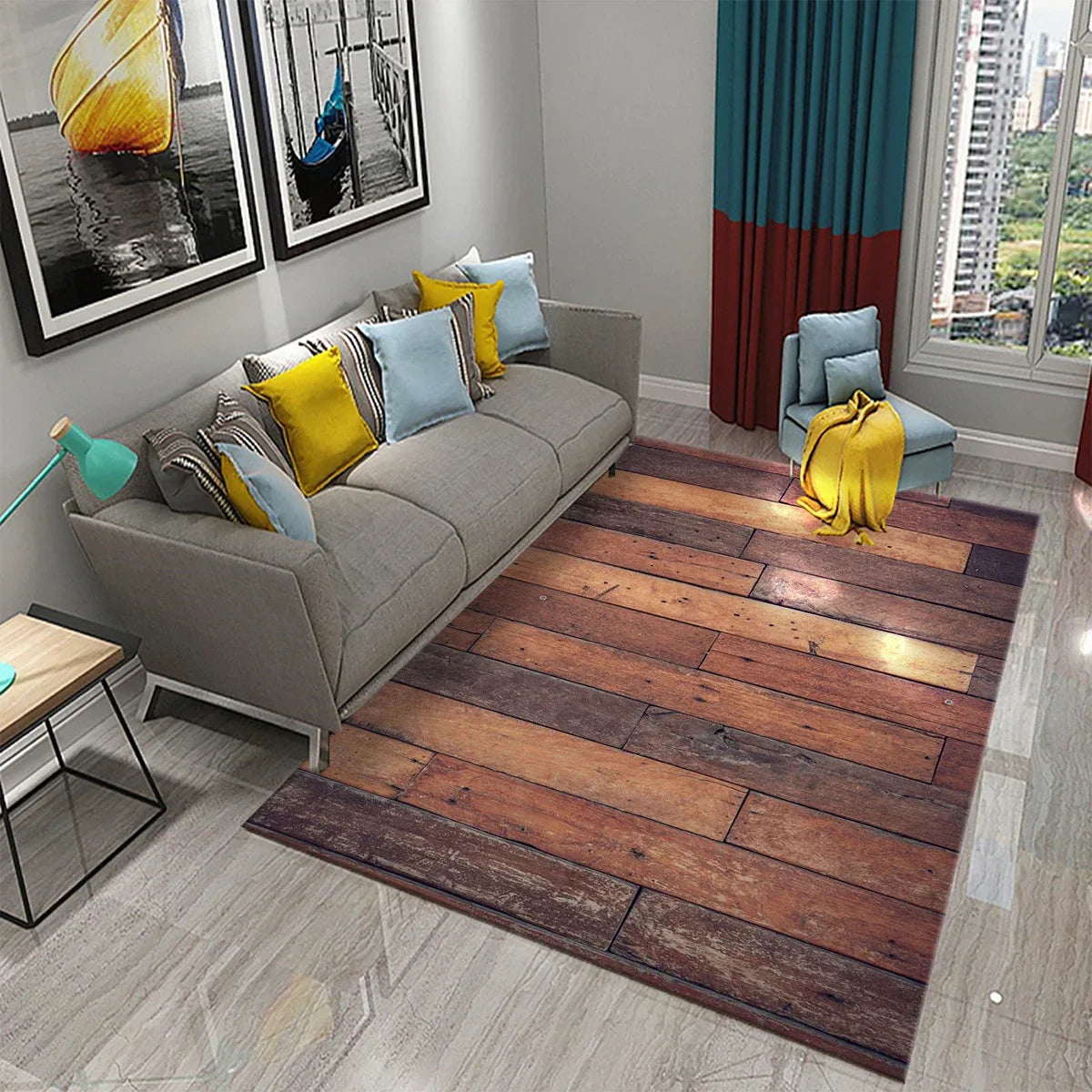 Rectangular Staggered 3d Planks Carpet Geometric Wood Grain Non-Slip Floor Rug