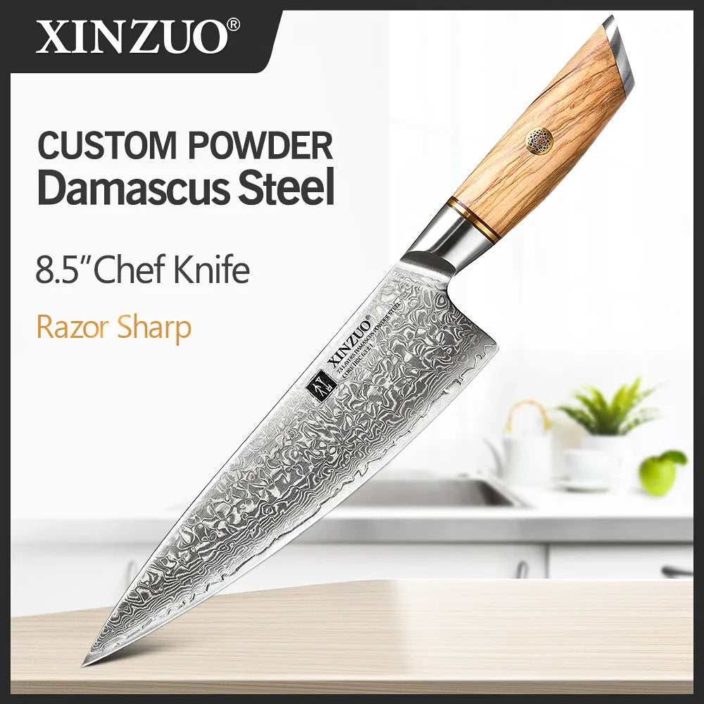 XINZUO 1-8pcs Kitchen Knife Set 73 Layers Custom Damascus Steel  with Olive Wood Handle