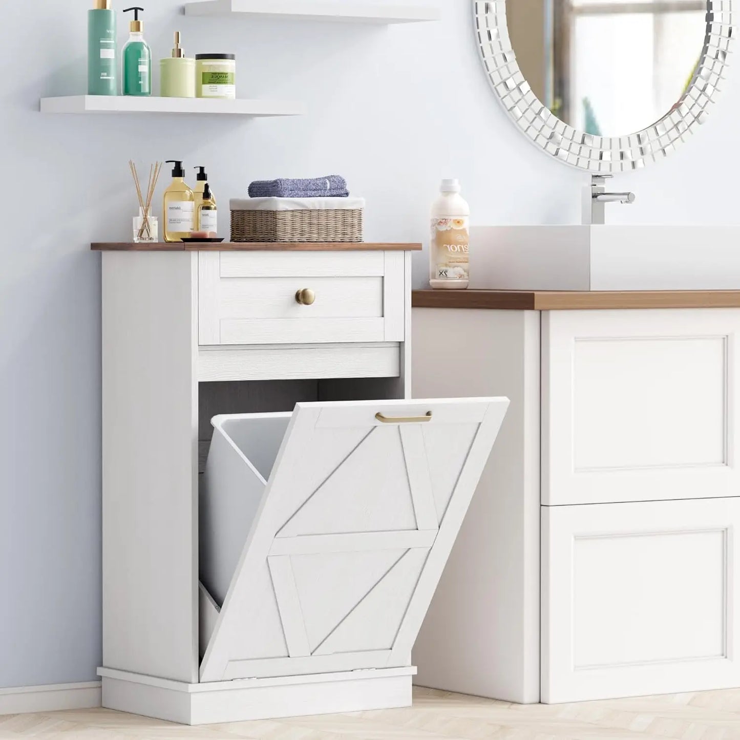 Tilt Out Trash Cabinet 10 Gallon, Woodern Hidden Trash Can Holder, for Kitchen, Laundry Sorter (White)