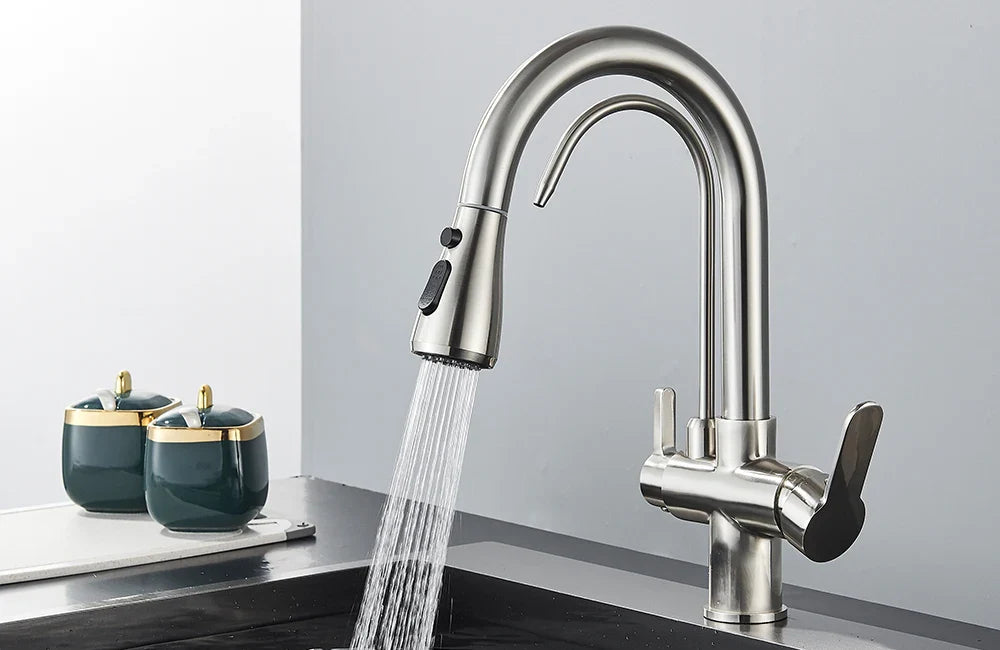 Quyanre Matte Black Filtered Crane For Kitchen Pull Out Spray 360 Rotation Water Sink Mixer Kitchen Faucet