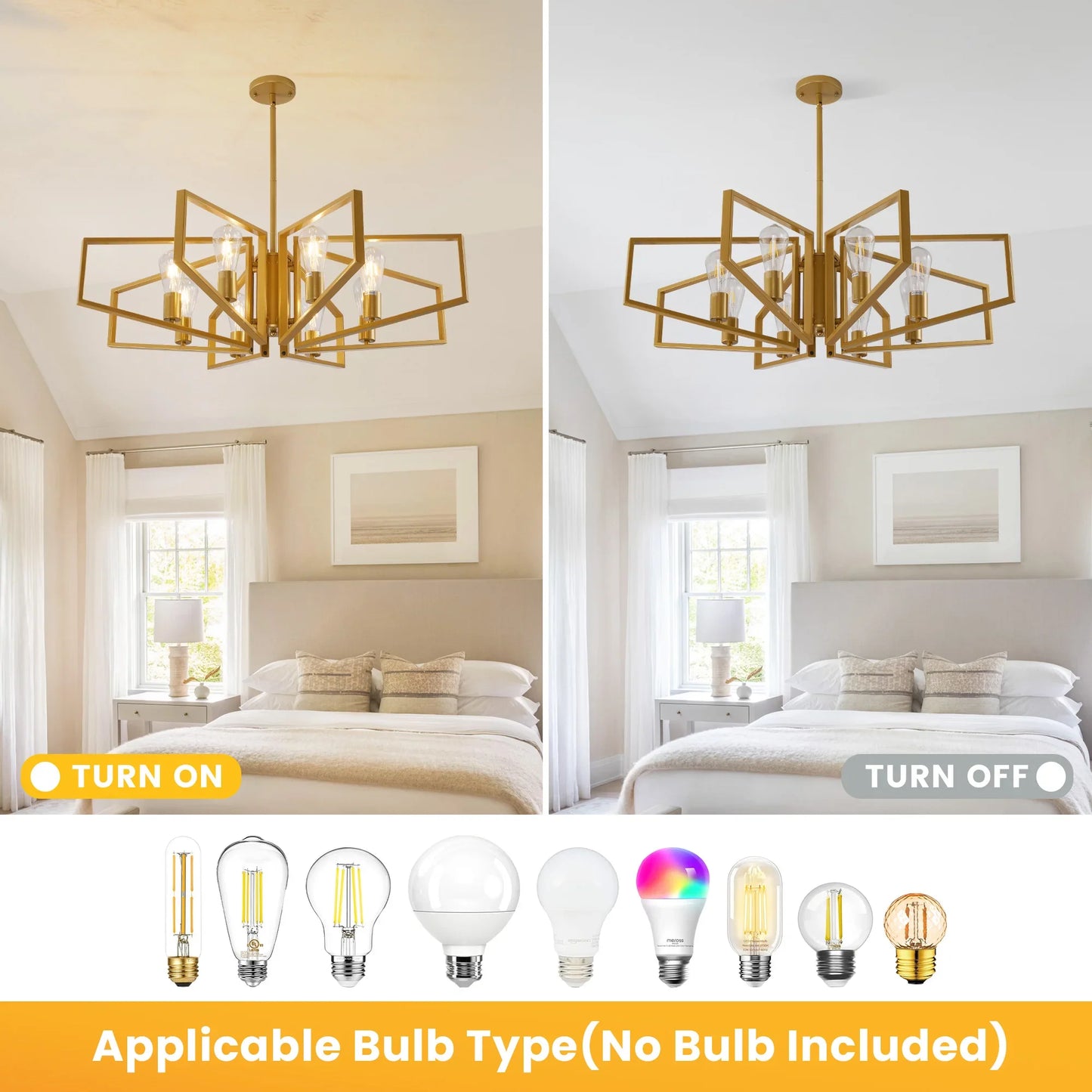 Modern 8-Light Geometric Chandelier Adjustable Height  Light with Black Frame & Golden Accents