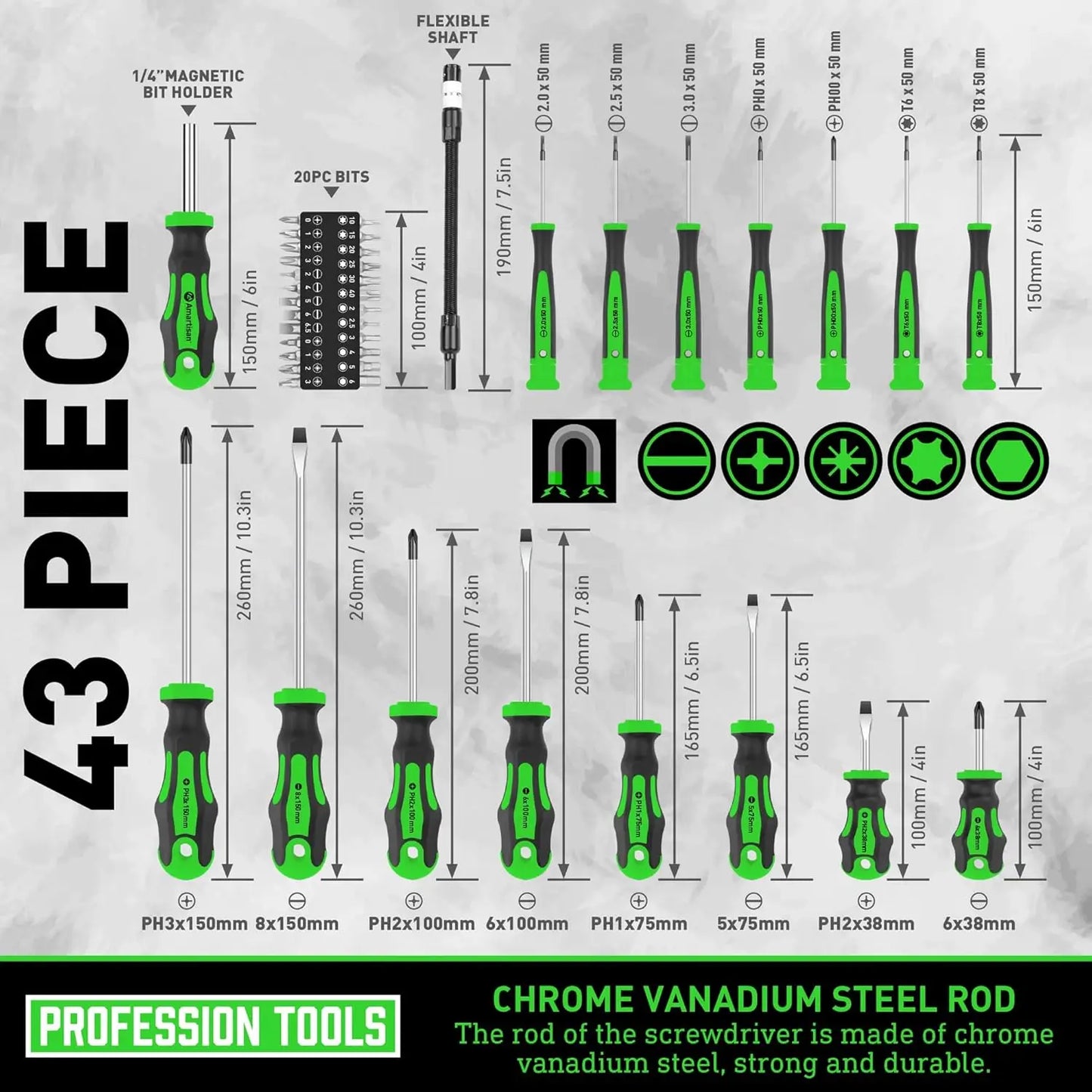 Magnetic Screwdriver Set, 43-Piece with Case, Includes Slotted, Phillips, Hex, Pozidriv, Torx - Green