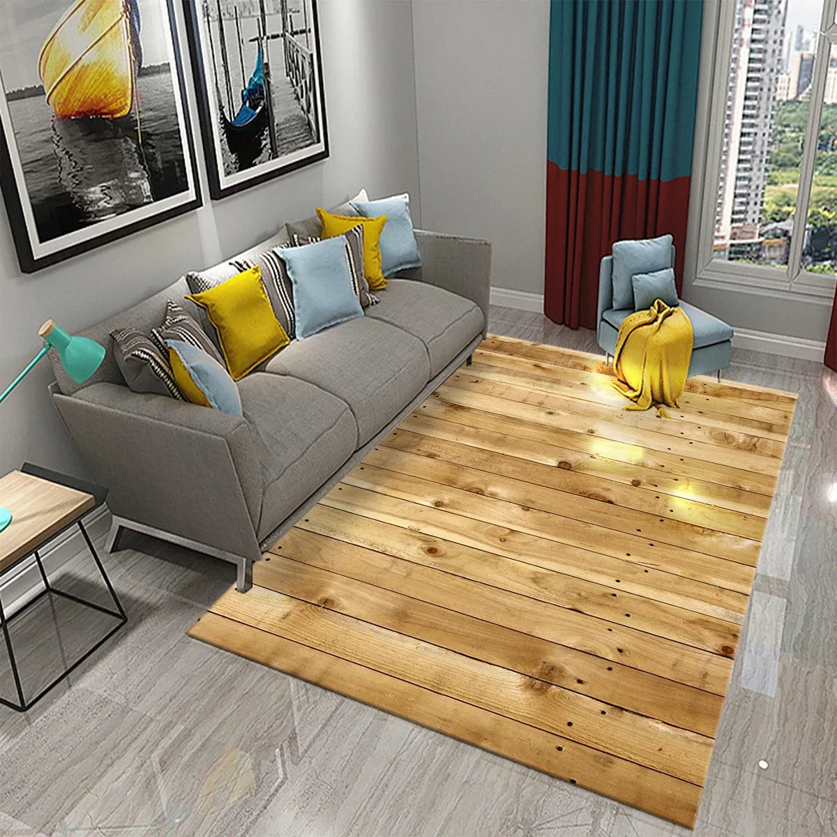 Rectangular Staggered 3d Planks Carpet Geometric Wood Grain Non-Slip Floor Rug