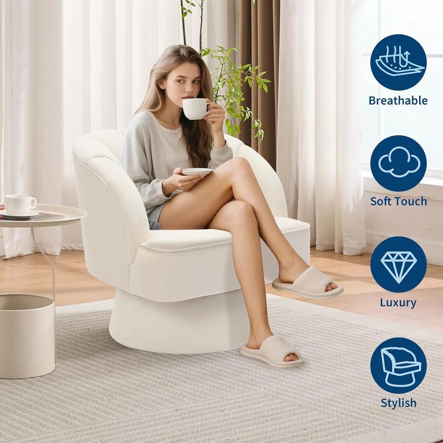 360° Swivel Barrel Accent Chair Modern Round Armchair with Striped Backrest & Plush Padding Velvet Fabric