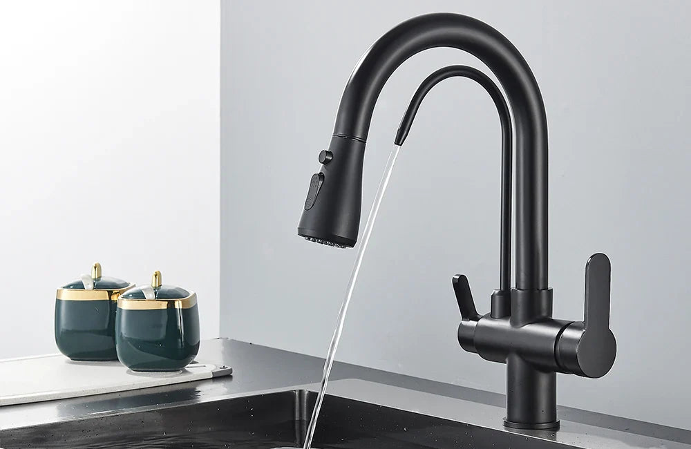 Quyanre Matte Black Filtered Crane For Kitchen Pull Out Spray 360 Rotation Water Sink Mixer Kitchen Faucet