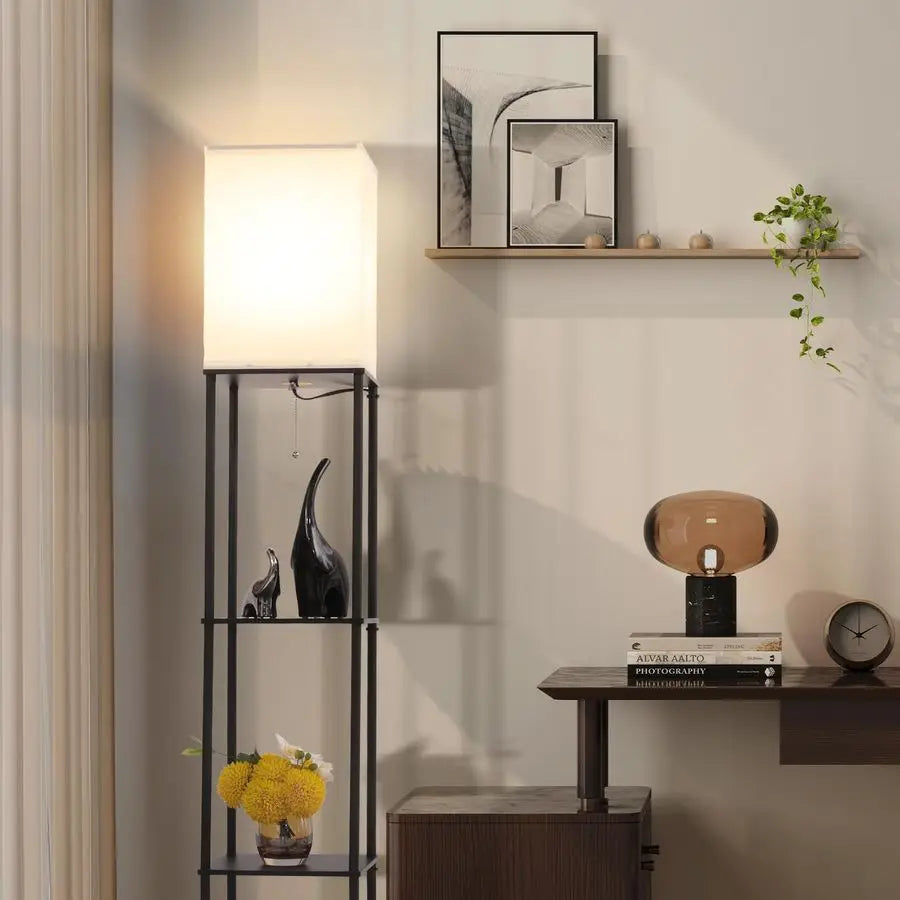 Gupuzm Floor Lamp with Shelves, Modern Square Standing Lamp with 3 Color Temperature Bulb,